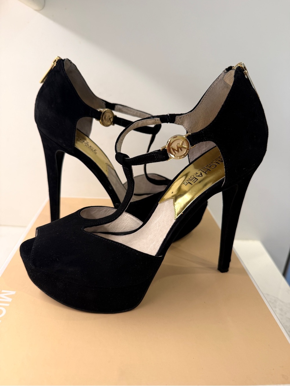 Michael Kors Black Suede T-Strap Platform Stiletto Heels